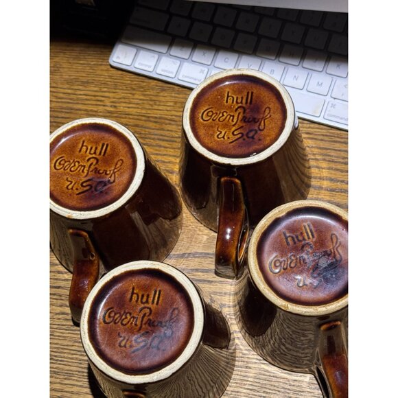 Vintage Hull Oven Proof USA Coffee Mugs Set Of 4 Brown Glazed Ceramic Retro Kitc - Picture 5 of 7